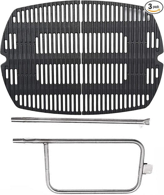 SafBbcue 7584 25" Cast Iron Cooking Grates & 65032 23.75" Grill Burner for Wber Q300 320 3000 3200 57060001 586002 Grills, Baby Q Grill Grids & Grates and Grill Burner Tube Kit for Weber 7646 & 65032