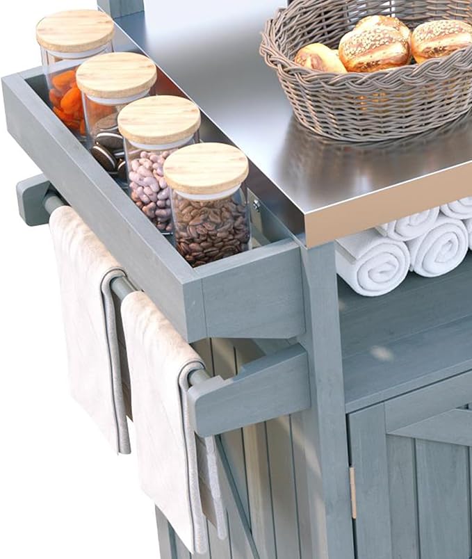 RUNNA Outdoor Kitchen Island with Raised Shelf,Solid Wood Storage Cabinet with Stainless Steel Top,Outdoor Rolling Grill Cart with Internal Storage Rack, Adjustable Shelf,Spice Rack (Grey+Blue#028)