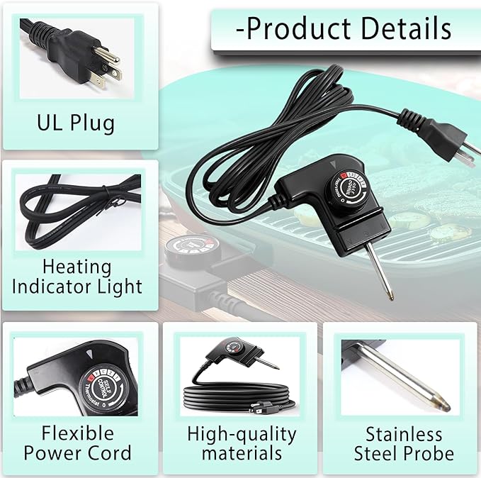Electric Skillet Cord Replacemen for Masterbuilt,Hamilton Beach,Chefman,Presto,Cuisinart Fondue Pot,15A/125V Adjustable Thermostat Probe Cord,Thermostat Control for Grill/Griddle/Smoker/Fryers