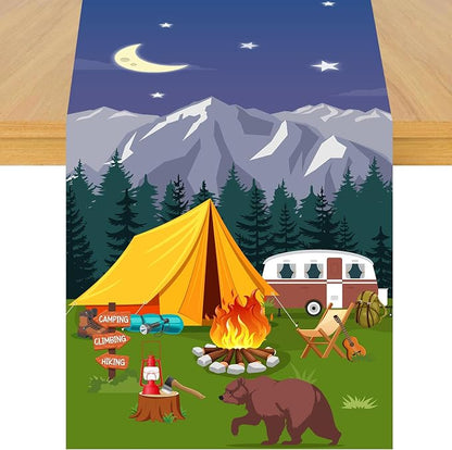 Camping Theme Table Runner, Forest Adventure Linen Fabric Table Runner for Everyday Use 72 x 13 Inches, Washable Table Cover for Indoor Outdoor Kitchen Dining Table Decor