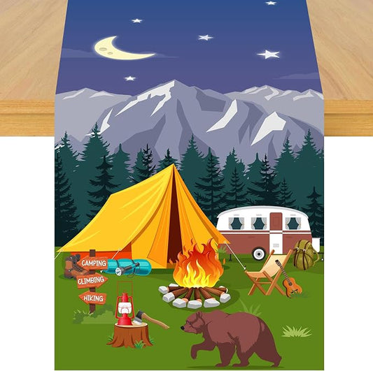 Camping Theme Table Runner, Forest Adventure Linen Fabric Table Runner for Everyday Use 72 x 13 Inches, Washable Table Cover for Indoor Outdoor Kitchen Dining Table Decor