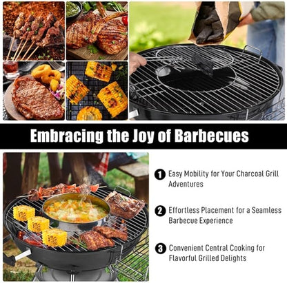 28 Inch Portable Charcoal Grill with Wheels - Porcelain Enameled Kettle BBQ with Lid, Thermometer, Ash Catcher, Storage Rack for Outdoor Backyard Camping Tailgate - Black