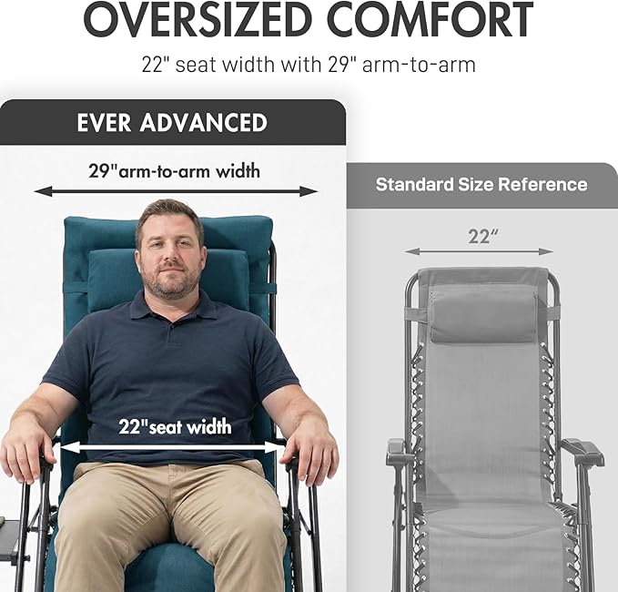 EVER ADVANCED Aluminum Zero Gravity Chair Oversized, Thick Padded Reclining Lounge Chair with Adjustable Headrest & Side Table, Heavy Duty Support 350 lbs, Foldable for Outdoor & Indoor, Green-2 Pack
