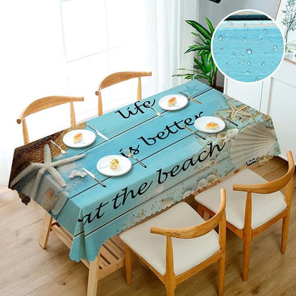 Swono Beach Wood Tablecloth Straw Hat Seashell Starfish Rectangle Table Cloth, Life is Better at The Beach Quote 52x 70 Inch Tablecloth Plaid Table Cover for Kitchen Holiday Dinner