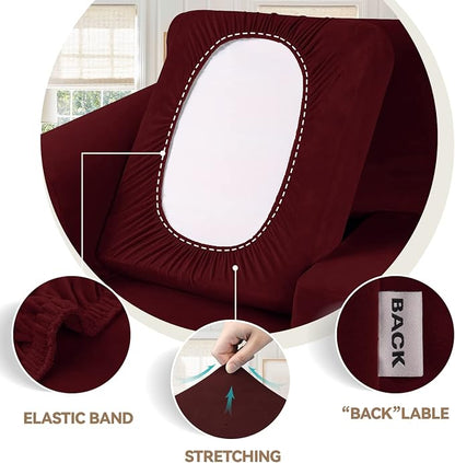 WEERRW Velvet Stretch 3 Pieces Couch Cover for Sofa Washable, Burgundy | Love Seat Couch Covers for 2 Cushion Couch Sofa Furniture Protector slipcoves with Elastic Bottom for Kids, Medium