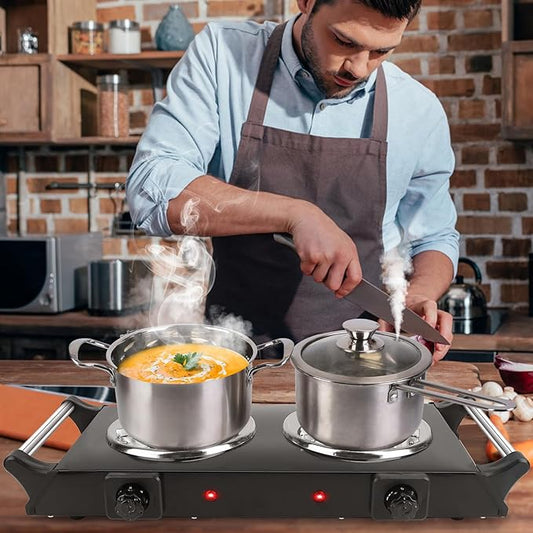 Electric Hot Plate, 2000W Countertop Double Burner with Adjustable Temperature & Handles, Stainless Steel Coil Electric Stove for Cooking Cooktop for Home Kitchen Dorm RV Camp, Black, Small
