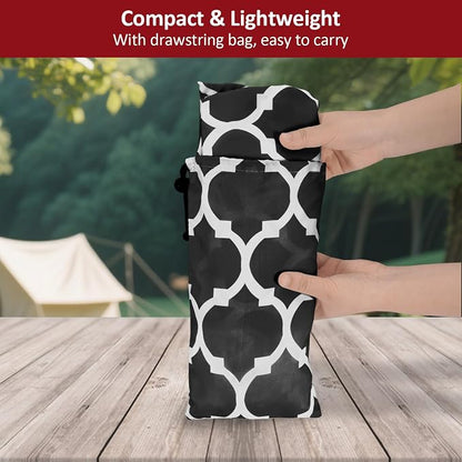 7ft 84in Picnic Table and Bench Cover, 3 Pack, Black-White Moroccan | Drawstring Bag, Waterproof Windproof, Elastic Fitted Edges Tablecloth, for Rectangle Table & Seat, Camping Essentials RV Gear