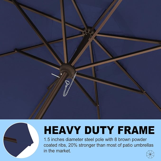 Eurmax USA 10-Year-Non-Fading 10FT Outdoor Patio Market Umbrella,UPF50+ UV Resistant Sun Shade,Heavy Duty Commercial Grade,Crank Lift Design,Windproof Vented Top for Garden,Pool,Deck,Navy Blue