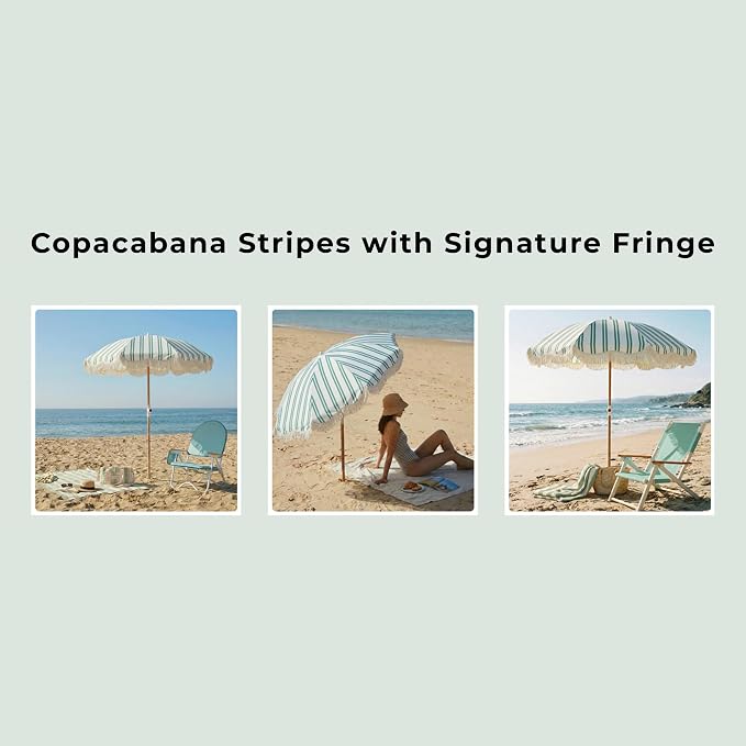 6FT Striped Fringe Beach Umbrella, Sand Anchor, UPF 50+ Sun Shade | Adjustable Tilt & Portable Design, Coastal Umbrella for Beach & Patio, Heritage Ocean Cypress Stripe