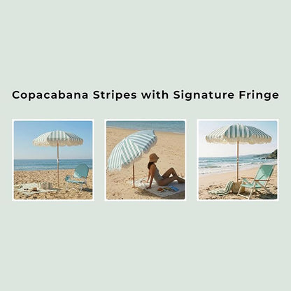6FT Striped Fringe Beach Umbrella, Sand Anchor, UPF 50+ Sun Shade | Adjustable Tilt & Portable Design, Coastal Umbrella for Beach & Patio, Heritage Ocean Cypress Stripe