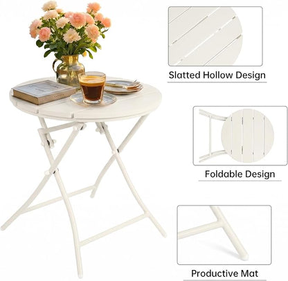 TeoKJ Folding Outdoor Side Tables, HDPS Small Patio Table | Metal Round Anti Rust Patio Desk, No Assembly Small Nightstand for Yard, Balcony, Lawn, Pool, Lightweight, White