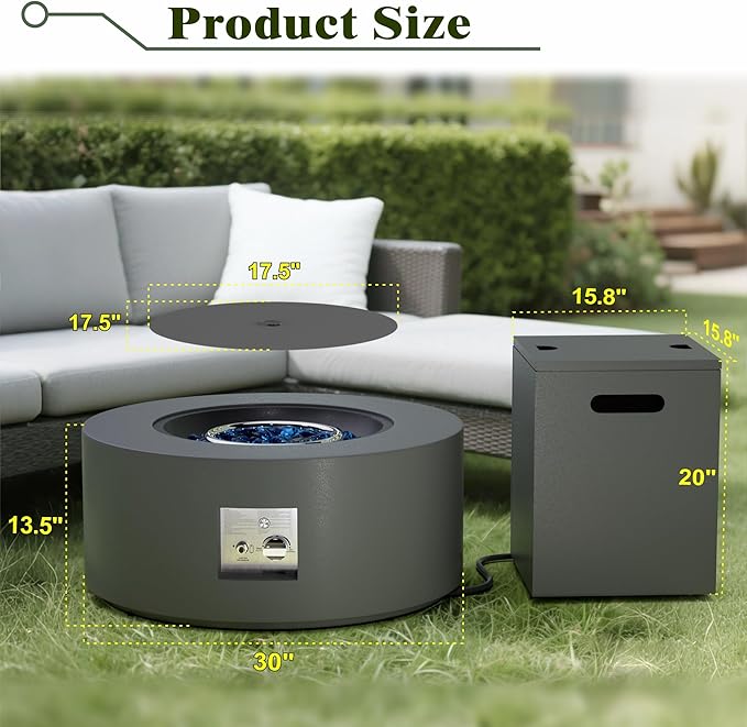 2-Piece Outdoor Propane Fire Pit Table Set w Tank Side Table 30'' Round Fire Pit Table 2-in-1 Firepit Table for Outside Patio Gas Fire Pit w 304 Stainless Steel Burner 50,000 BTU, Dark Gray w RGB LED