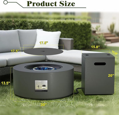 2-Piece Outdoor Propane Fire Pit Table Set w Tank Side Table 30'' Round Fire Pit Table 2-in-1 Firepit Table for Outside Patio Gas Fire Pit w 304 Stainless Steel Burner 50,000 BTU, Dark Gray w RGB LED