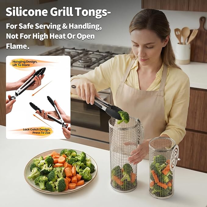 Rolling Grill Basket Set, 18 in 1 Stainless Steel Grilling Basket with Removable Handle Grill Baskets for Outdoor Grill, BBQ Grilling Accessories Set for Vegetables Seafood Meat Fish