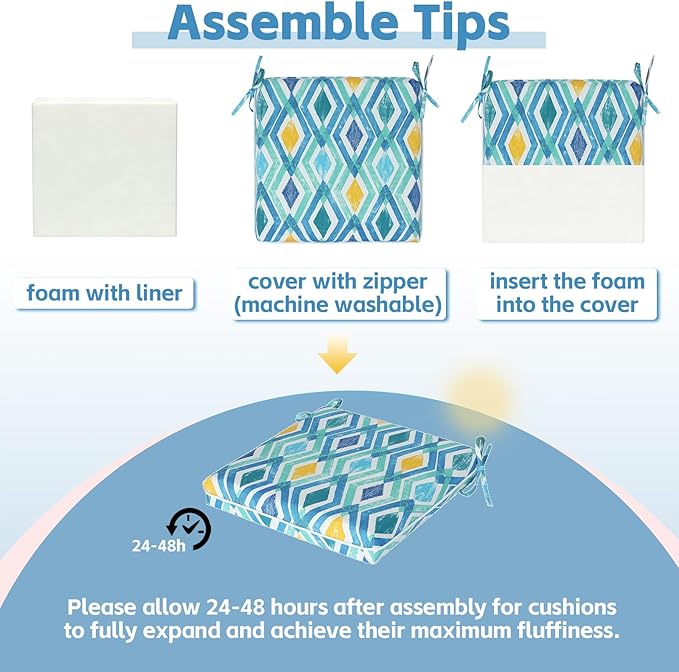 COZYVIDA Outdoor Chair Cushions Set of 4, 20"x20" Square Seat Pads with Tie Straps and YKK Zippers, 30D High-Density Foam, Water-Resistant Fabric,UV-Resistant 1000+ Hrs