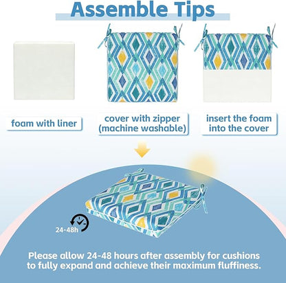 COZYVIDA Outdoor Chair Cushions Set of 4, 20"x20" Square Seat Pads with Tie Straps and YKK Zippers, 30D High-Density Foam, Water-Resistant Fabric,UV-Resistant 1000+ Hrs