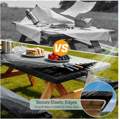 Picnic Table Cover Bench Covers Camping Essentials Tablecloth | Waterproof Vinyl for Outdoor, Windproof Elastic Fitted Edges, RV BBQ Accessories Must Haves, Storage Bag Included