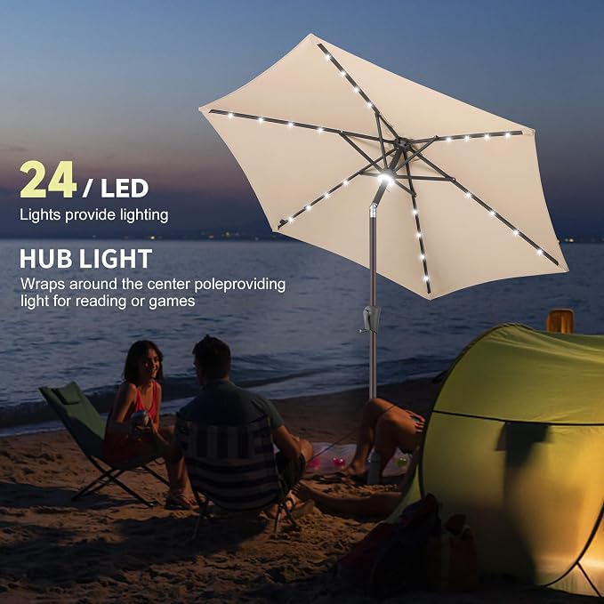 Solar Patio Umbrella with Centre Light, 7.5 ft Beige | 24 LED Lights, UV Protection, Small Solar Outdoor Umbrella for Porch, Deck, Pool, Table, Garden, Provides Evening Lighting