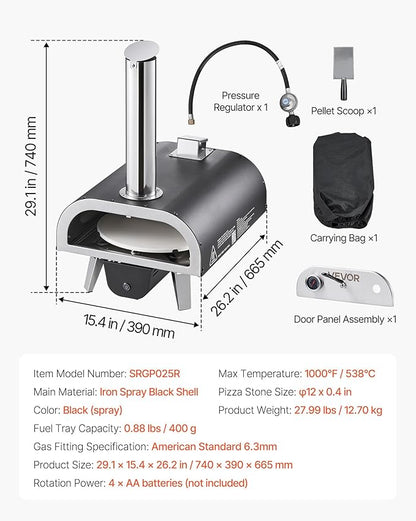 VEVOR Dual Fuel Outdoor Pizza Oven, 12" Auto-Rotating Propane & Wood Pellet Pizza Ovens, Multi-Fuel Pizza Maker with Electric Rotation System & Thermometer, for Outside Patio Camping & Backyard