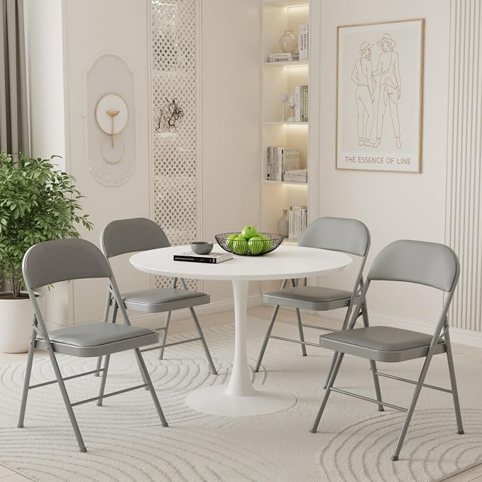 DUMOS 6 Pack Folding Chairs with Padded Cushion and Back - PU Leather Stackable Portable Dining Chairs Set, for Home and Office, Conference, Wedding, Party, Patio, Garden, for Indoor Outdoor, Grey