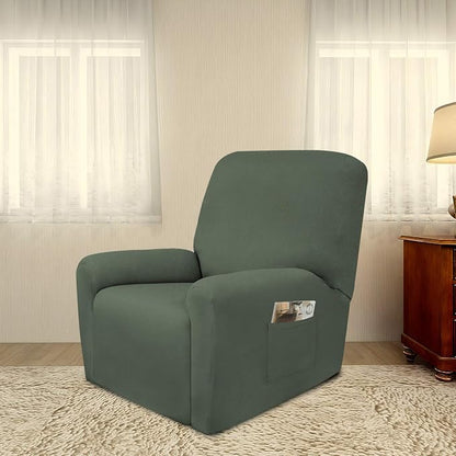 PureFit Stretc Recliner Chair Covers Fleece Soft Couch Covers for Sofa | Grayish Green 4-Pieces Recliner Slipcover Pocket Couch Protector, Fleece Sofa Cover Washable with Non Slip Elastic Bottom