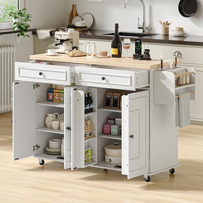 ComfyCorner 58" Rolling Kitchen Island with Storage, Island Table for Kitchen with Power Outlet, Multi-level Kitchen Islands on Wheels, Mobile Bar Cart with Spice Rack, Towel Rack, Knife Holder, White