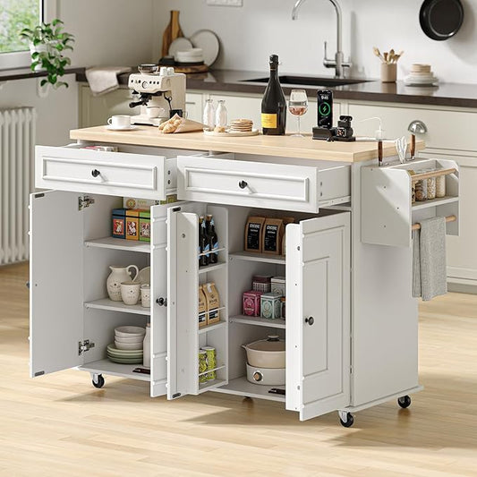 ComfyCorner 58" Rolling Kitchen Island with Storage, Island Table for Kitchen with Power Outlet, Multi-level Kitchen Islands on Wheels, Mobile Bar Cart with Spice Rack, Towel Rack, Knife Holder, White