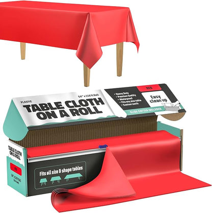 Tablecloth Roll – 54" X 110' Red Premium Plastic Table Cloths with Cutter Box - Cut to Size Cutter - Decorative Rectangle Table Cover Smooth Tablecloth - Disposable Table Cloths for Parties, Weddings.