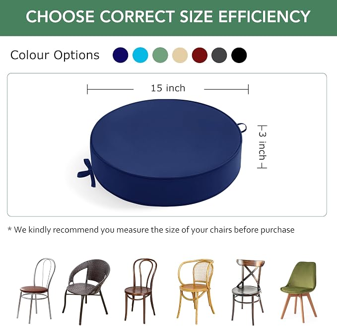 Summsun Outdoor Bistro Chair Cushions Set of 2, 15" D x 3" H Round Chair Cushions Waterproof and Fade Resistant Chair Cushion Pads with Non-Slip Ties and Removable Covers for Garden, Navy Blue