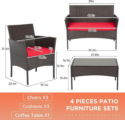 FDW Patio Furniture Set PE Rattan Patio Set Wicker Outdoor Furniture Bistro Set for Outdoor Indoor Use with Loveseats Coffee Table, Red Cushions, 4 Pieces