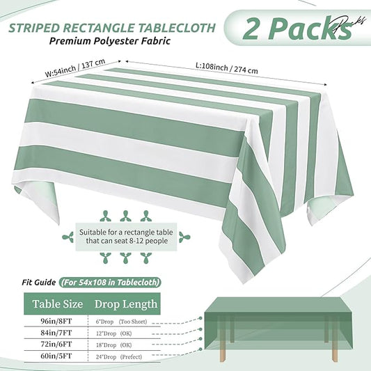 2 Pack Green and White Striped Rectangular Tablecloth, 54x108inch, Polyester Fabric, Washable, for Afternoon Tea, Birthday Party, Picnic, Barbecue, Indoor Outdoor Dining