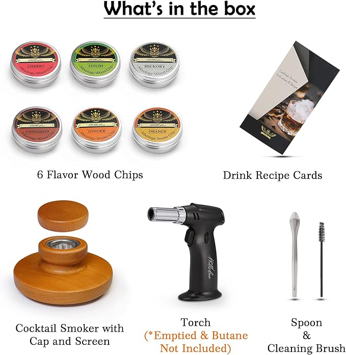 Willscoo Cocktail Smoker Kit - Handmade Old Fashioned Wood Smoker with Torch, 6 Flavors Wood Chips for Whiskey & Alcohol Gift Set, Gift for Men