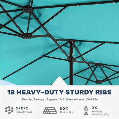 15FT Large Outdoor Patio Umbrella with Solar Lights and Base, Double-Sided Table Umbrellas with 48 LED Lights, Rectangle Market Umbrella for Pool, Deck, Backyard