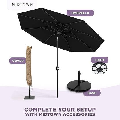 Midtown Umbrellas - 10-Year-No-Fade 10 Ft Patio Umbrella with Terylast Fabric, Auto-Tilt Aluminum Frame and 8 Reinforced Ribs for Deck, Pool, Garden & Beach - Ebony Black Canopy, Black Pole