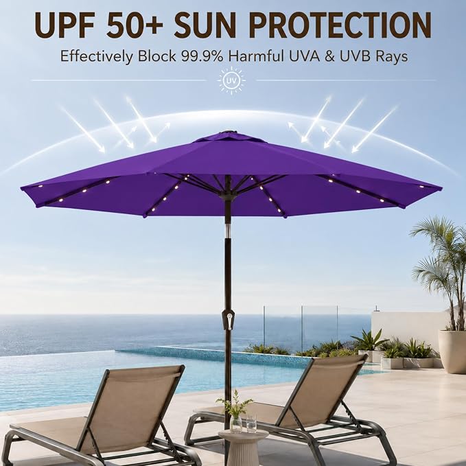 10FT Solar Lighted Patio Umbrella, Outdoor Table Market Umbrellas with Push Button Tilt and Crank, 32 LED Lights, 8 Sturdy Ribs, UV-Resistant for Deck, Garden, Pool