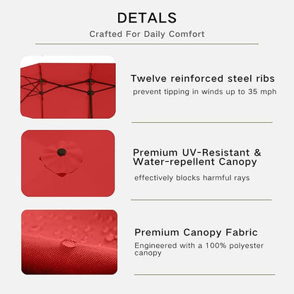 Kingdura 13ft Large Patio Umbrella with Base Included, Double-Sided Rectangle Outdoor Table Umbrella with 12 Reinforced Ribs, Crank Lift for Market Pool Deck Backyard, Red