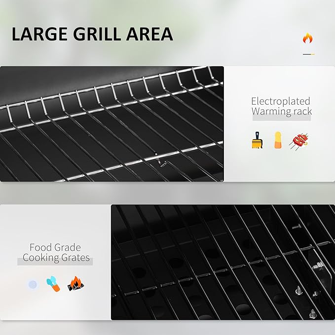 Charcoal BBQ Grill, Outdoor Portable Cooker for Camping or Backyard Picnic with Side Table, Bottom Storage Shelf, Wheels and Handle, Black