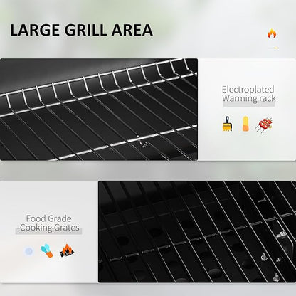 Charcoal BBQ Grill, Outdoor Portable Cooker for Camping or Backyard Picnic with Side Table, Bottom Storage Shelf, Wheels and Handle, Black