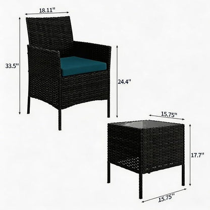 3-Piece Outdoor Furniture Set, PE Rattan Wicker Chairs with Soft Cushions & Tempered Glass Coffee Table - All-Weather Patio Set for Garden, Backyard, Porch, Poolside (Black/Green)