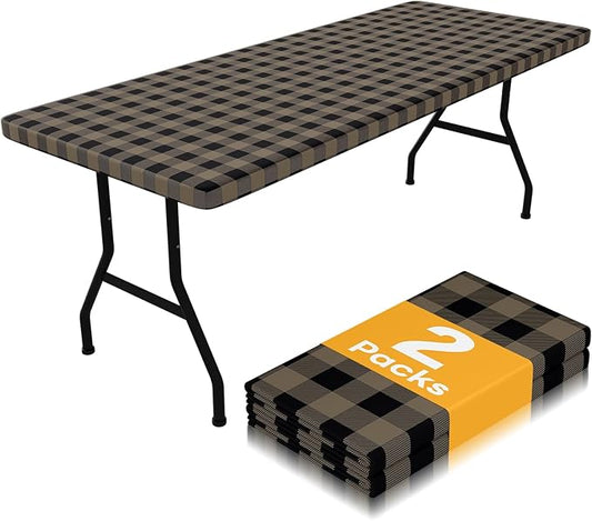 Smiry Picnic Table Cloth 2 Pack, Waterproof Elastic Fitted Tablecloths for 8FT Rectangle Tables, Washable Polyester Buffalo Plaid Tablecloth for Camping & Outdoor (Black & Khaki, 30" x 96")