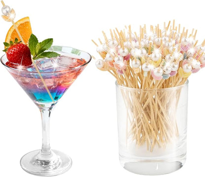 100 Pcs Cocktail Picks, Pearl Flower Decorative Toothpicks, for Holiday Valentines Day Theme Party Wooden Long Cocktail Sticks Appetizers Fruits Drink Garnish Party Supplies (4.7 Inch)