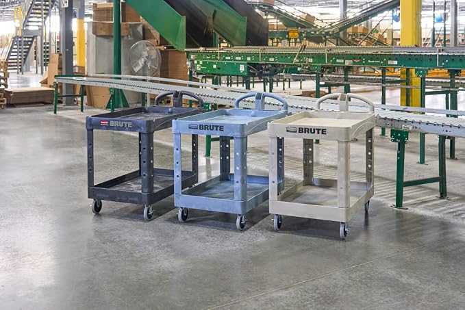 Rubbermaid Commercial Products BRUTE Heavy Duty 2-Shelf Utility/Service Cart, Large, Lipped Shelves, Ergonomic Handle, 750 lbs. Capacity, Black, for Warehouse/Garage/Cleaning/Maintenance/Stadiums