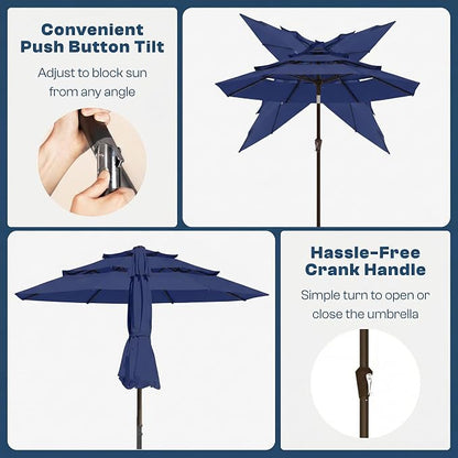 10ft 3 Tier Patio Umbrella, Outdoor Market Table Umbrella with UPF 50+ Vented Canopy, 8 Sturdy Ribs, Easy Push Button Tilt and Crank, Windproof for Deck, Pool, Backyard and Garden