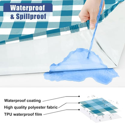 Smiry Picnic Table Cover with Bench Covers, Waterproof Elastic Fitted Tablecloths for 8 Foot Rectangle Tables, Washable Buffalo Plaid Tablecloth for Camping, Outdoor (Turquoise & White 30"x96")