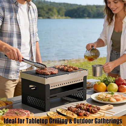 Portable Charcoal Grill, Small Tabletop BBQ, Foldable Mini Hibachi, Stainless Steel Camping Grill, Compact Outdoor Cooker for Picnic, Tailgating Chac Grl 002PBLK
