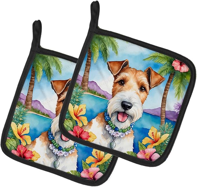 Caroline's Treasures Fox Terrier Luau Pair of Pot Holders Kitchen Heat Resistant Pot Holders Sets Oven Hot Pads for Cooking Baking BBQ, 7 1/2 x 7 1/2