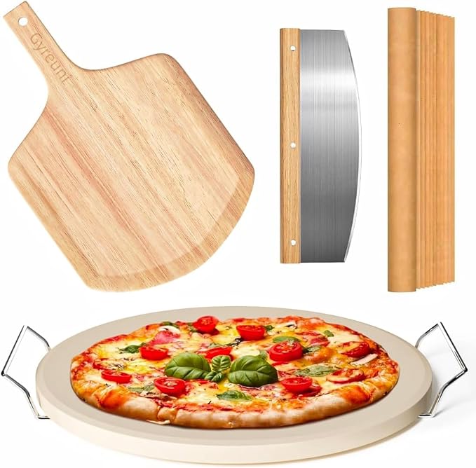 5 PCS Round Pizza Stone Set, 13" Pizza Stone for Oven and Grill with Pizza Peel(OAK),Serving Rack, Pizza Cutter & 10pcs Cooking Paper for Free, Baking Stone for Pizza, Bread | Complete baking stone set:13'' pizza stone, pizza peel, serving rack, pizza ...
