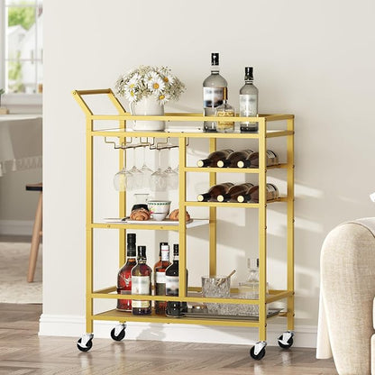 MAHANCRIS Bar Cart for Home, 3-Tier Serving Cart with Mirrored Top, Beverage Cart with Wine Rack and Glass Holder, Drink Cart with Wheels, for Dining Room, Living Room, Gold and White RCJM7101