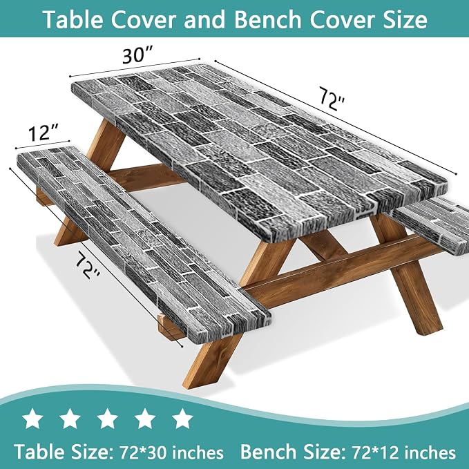 Picnic Table Cover with Bench Covers and Bag, Camping Essentials, Stone Wall Waterproof Windproof, Fitted Camping Tablecloths with Elastic Edges for Indoor, Outdoor & Garden, 3 Pcs Set 30x72 Inch