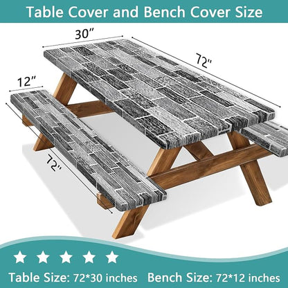 Picnic Table Cover with Bench Covers and Bag, Camping Essentials, Stone Wall Waterproof Windproof, Fitted Camping Tablecloths with Elastic Edges for Indoor, Outdoor & Garden, 3 Pcs Set 30x72 Inch